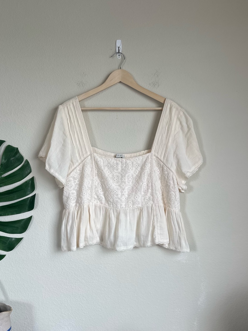 American Eagle Crop Embroidered Babydoll Top